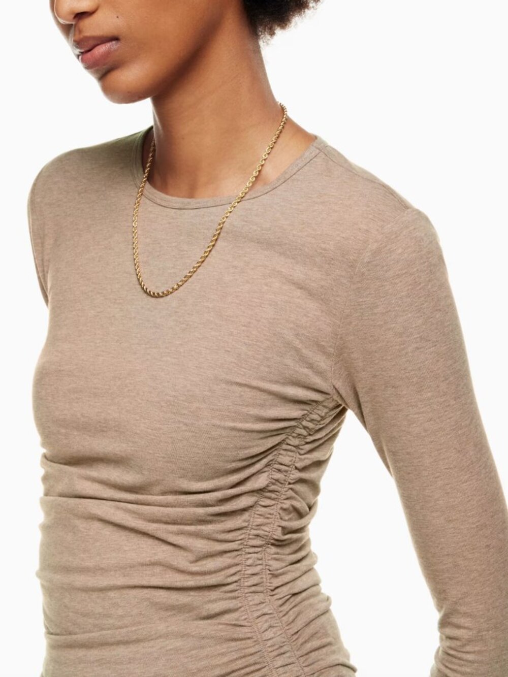 ☀️ ARITZIA TNA Chill Malibu Long Sleeve Ruched Crew Neck Top Tan Oatmeal Small